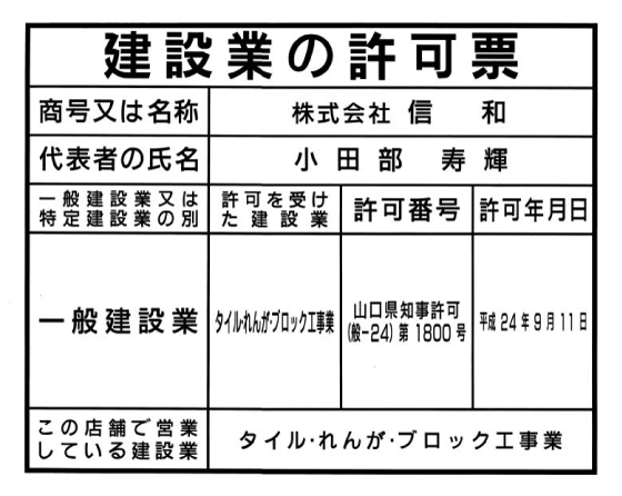 建設業の許可票